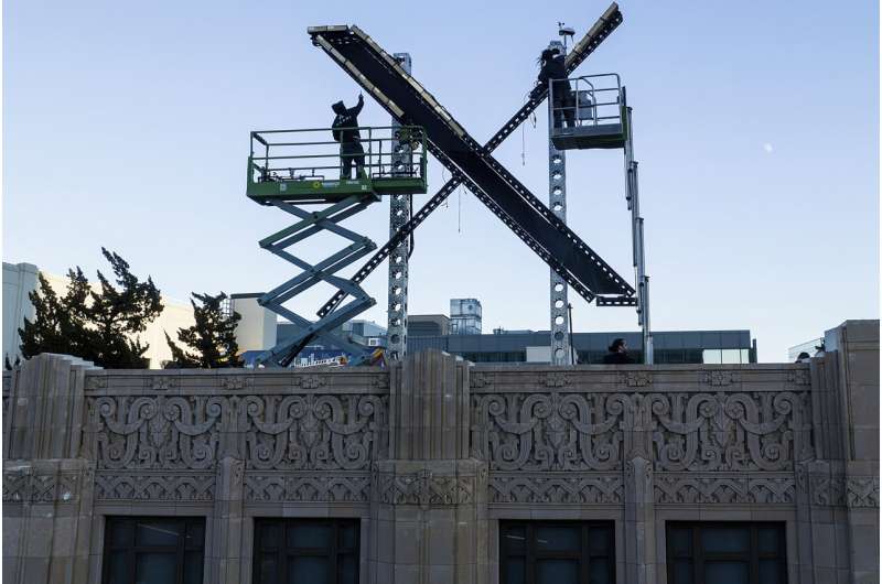 Workers install lighting on an "X" sign atop the downtown San Francisco building that housed what was formally known as Twitter, now rebranded X by owner Elon Musk, Friday, July 28, 2023. Credit: AP Photo/Noah Berger Musk threatens to sue researchers who documented the rise in hateful tweets