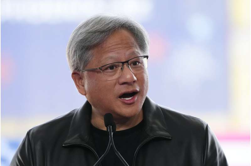 Nvidia Co-founder, President, and CEO Jensen Huang speaks at the Taiwan Semiconductor Manufacturing Company in Phoenix on Dec. 6, 2022. Computer chip maker Nvidia has turned the artificial intelligence craze into a springboard that has catapulted the company into the constellation of Big Tech’s brightest stars. The company reports earnings on Wednesday. Credit: AP Photo/Ross D. Franklin, File Nvidia's rising star gets even brighter with another stellar quarter propelled by sales of AI chips