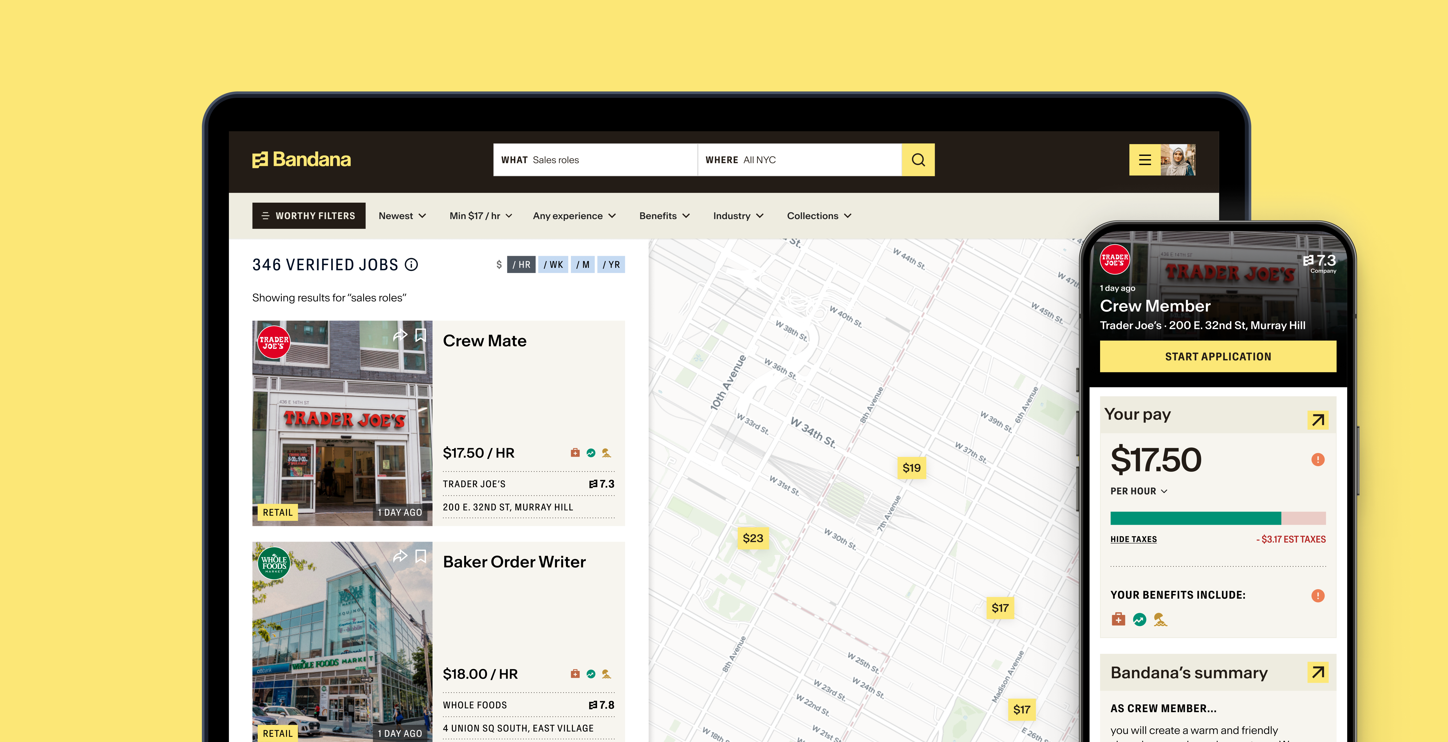 Bandana product screen showing web app and mobile app with access to two jobs at Trader Joe's and Whole Foods with details about the job and a map showing the location of the two stores.