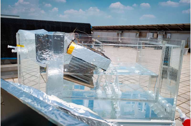 Outdoor test of the prototype under natural sunlight. Credit: Jintong Gao and Zhenyuan Xu Desalination system could produce freshwater that is cheaper than tap water