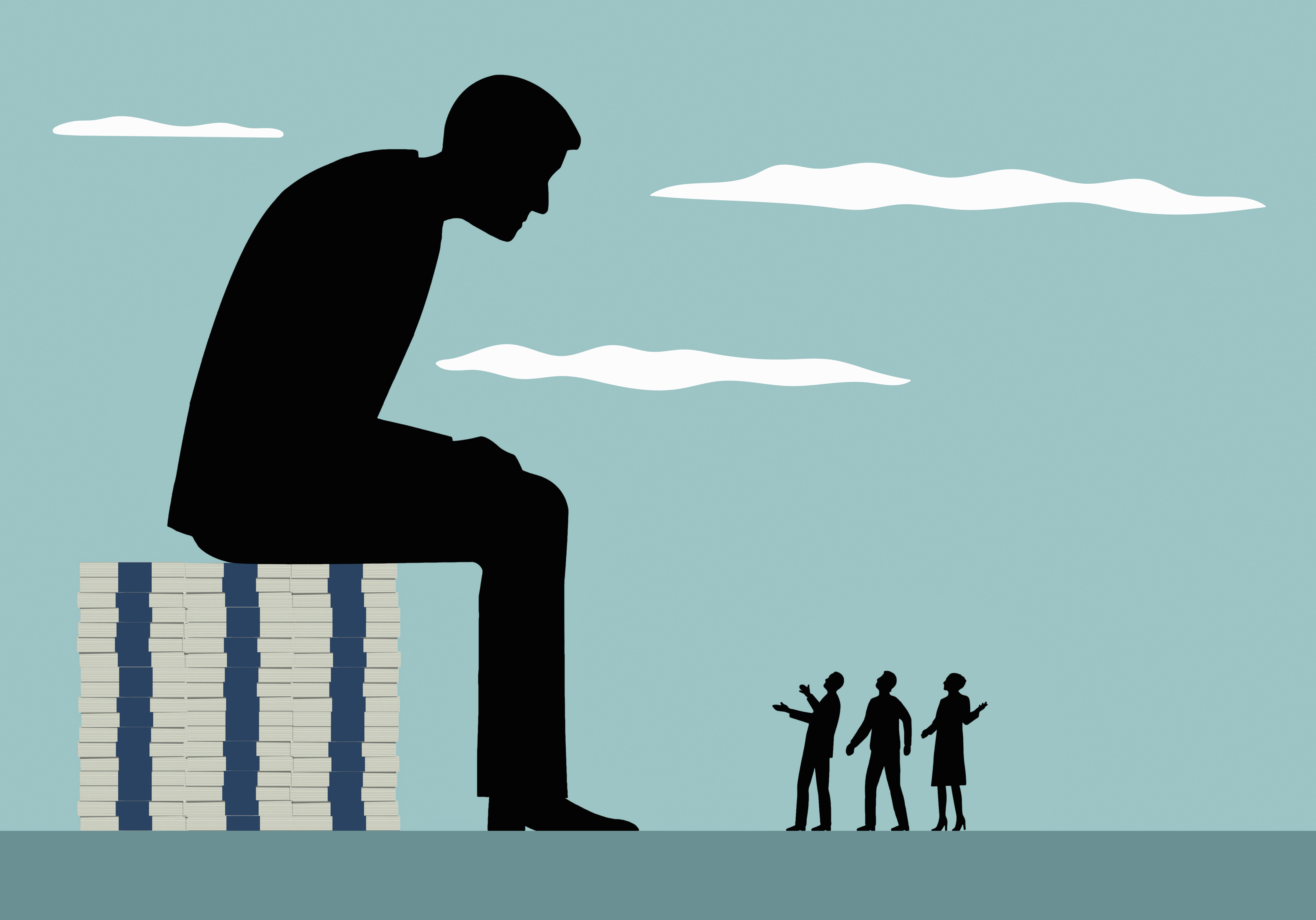 Large businessman sitting on top of piles of money looking down on small people complaining