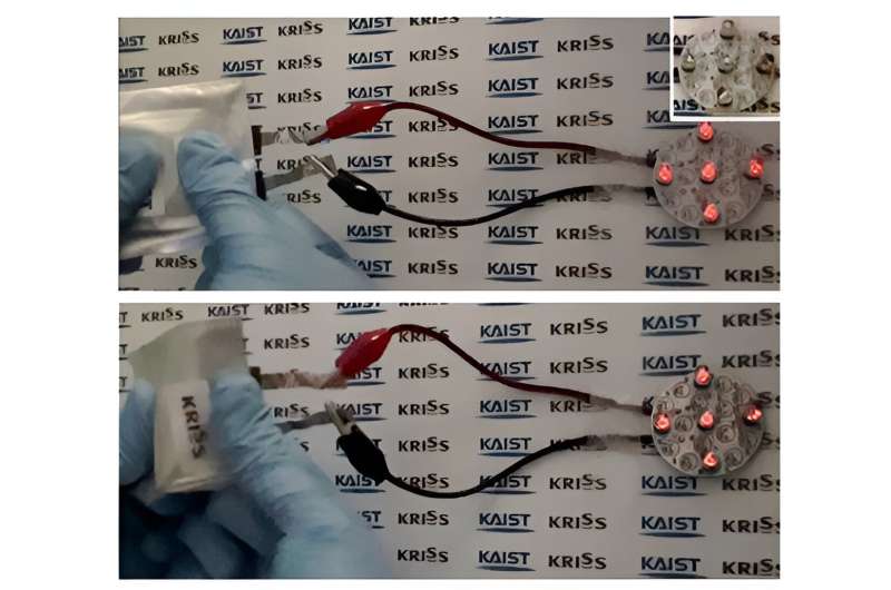 LED illumination powered by the developed organic cell. Credit: Korea Research Institute of Standards and Science (KRISS) Development of long-life organic electrode expedites commercialization of next-generation secondary batteries
