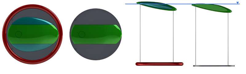 A jellyfish-like device, seen here from above (two left images) and from the side (two right images), could be a more efficient and cost-effective way to harness wave energy. The device geometry can morph to adapt to changing sea conditions, as seen here. Credit: Graphics by Nathan Tom, NREL How gray boxes and a jellyfish could help advance wave energy