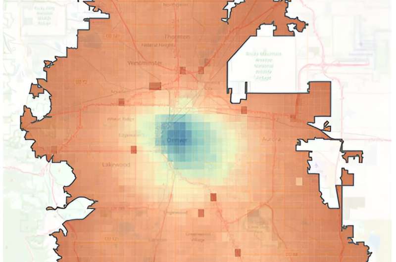 This map shows the ratio of e-bike MEP to drive MEP across metro Denver. A value of 50% corresponds to a location with an e-bike MEP score half the magnitude of a drive MEP score. Credit: National Renewable Energy Laboratory NREL merges data collection and analysis tools to evaluate emerging transportation modes