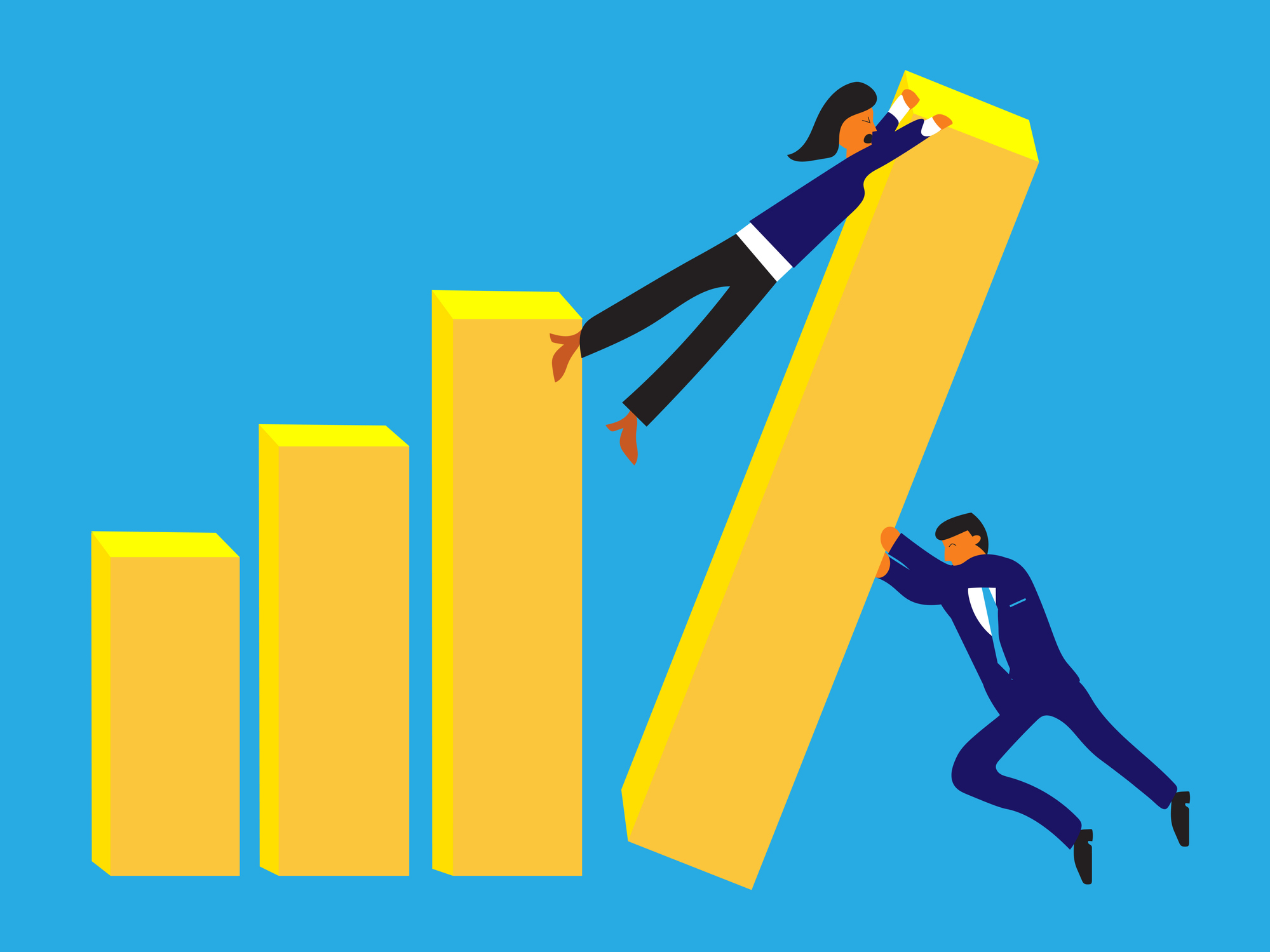 Two execs try to prop up profits by pushing the last piece of the bar graph into place.