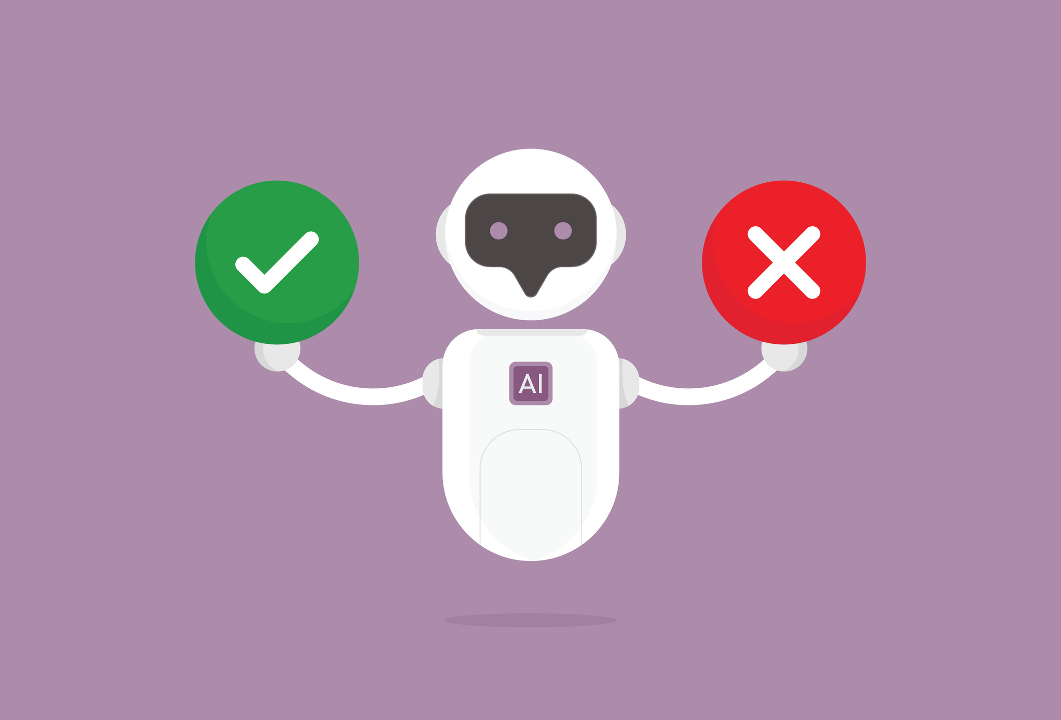 Robot holds a green check mark and red x on a purple background.