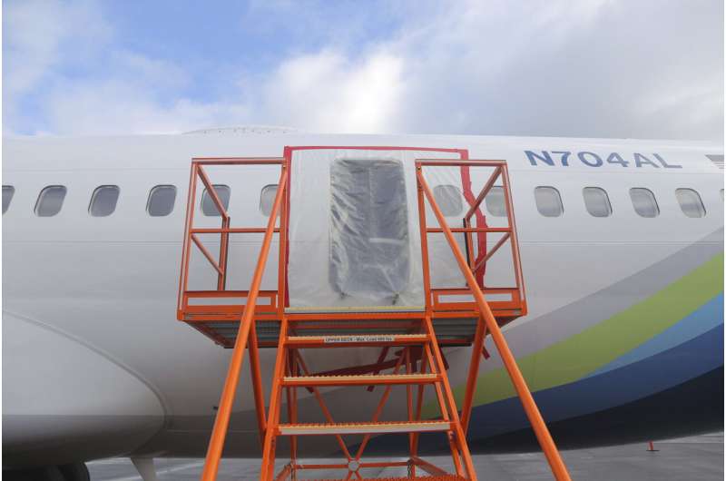 This photo released by the National Transportation Safety Board shows a gaping hole where the paneled-over door had been at the fuselage plug area of Alaska Airlines Flight 1282 on Sunday, Jan. 7, 2024, in Portland, Ore. A panel used to plug an area reserved for an exit door on the Boeing 737 Max 9 jetliner blew out Jan. 5, shortly after the flight took off from Portland, forcing the plane to return to Portland International Airport. Credit: National Transportation Safety Board via AP A look at recent crashes and safety problems involving Boeing planes