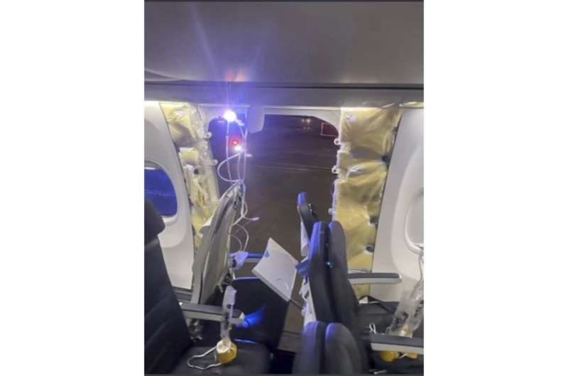 This photo provided by an unnamed source shows the damaged part of an Alaska Airlines Boeing 737 Max 9, Flight 1282, which was forced to return to Portland International Airport on Friday, Jan. 5, 2024. Credit: The Oregonian via AP Explainer: Now-found door 'plug' may hold vital clues to how a gaping hole blew open on a jetliner