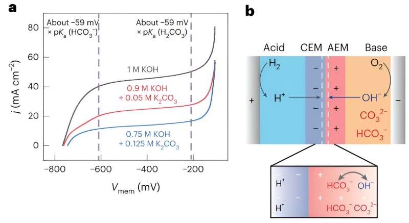 Consequences of carbonate accumulation in BPM carbon dioxide electrolyzers. Credit: From Toh et al, Nature Energy (2023). DOI: 10.1038/s41560-023-01404-7 Model outlining how ionic blockades influence energy recovery in forward bias bipolar membranes