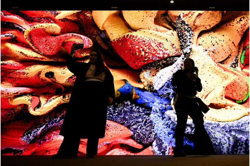 People gather in front of a screen with a artificial intelligence generated artwork by media artist Refik Anadol, inside the Congress Center where the Annual Meeting of World Economic Forum in Davos, Switzerland, Monday, Jan. 15, 2024. The annual meeting of the World Economic Forum is taking place in Davos from Jan. 15 until Jan. 19, 2024. Credit: AP Photo/Markus Schreiber More CEOs fear their companies won't survive 10 years as AI and climate challenges grow, survey says