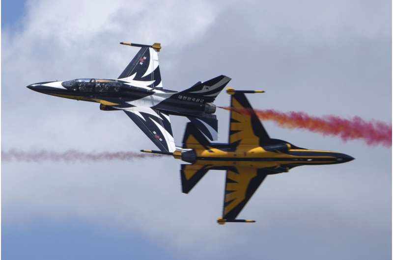South Korea's Air Force's Black Eagles performs during first day of Singapore Airshow in Singapore, Tuesday, Feb. 20, 2024. Credit: AP Photo/Vincent Thian Singapore Airshow features aerial displays and the international debut of China's C919